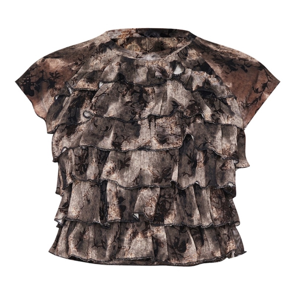 PrettyLittleThing Ruffled Brown and Black Blouse
